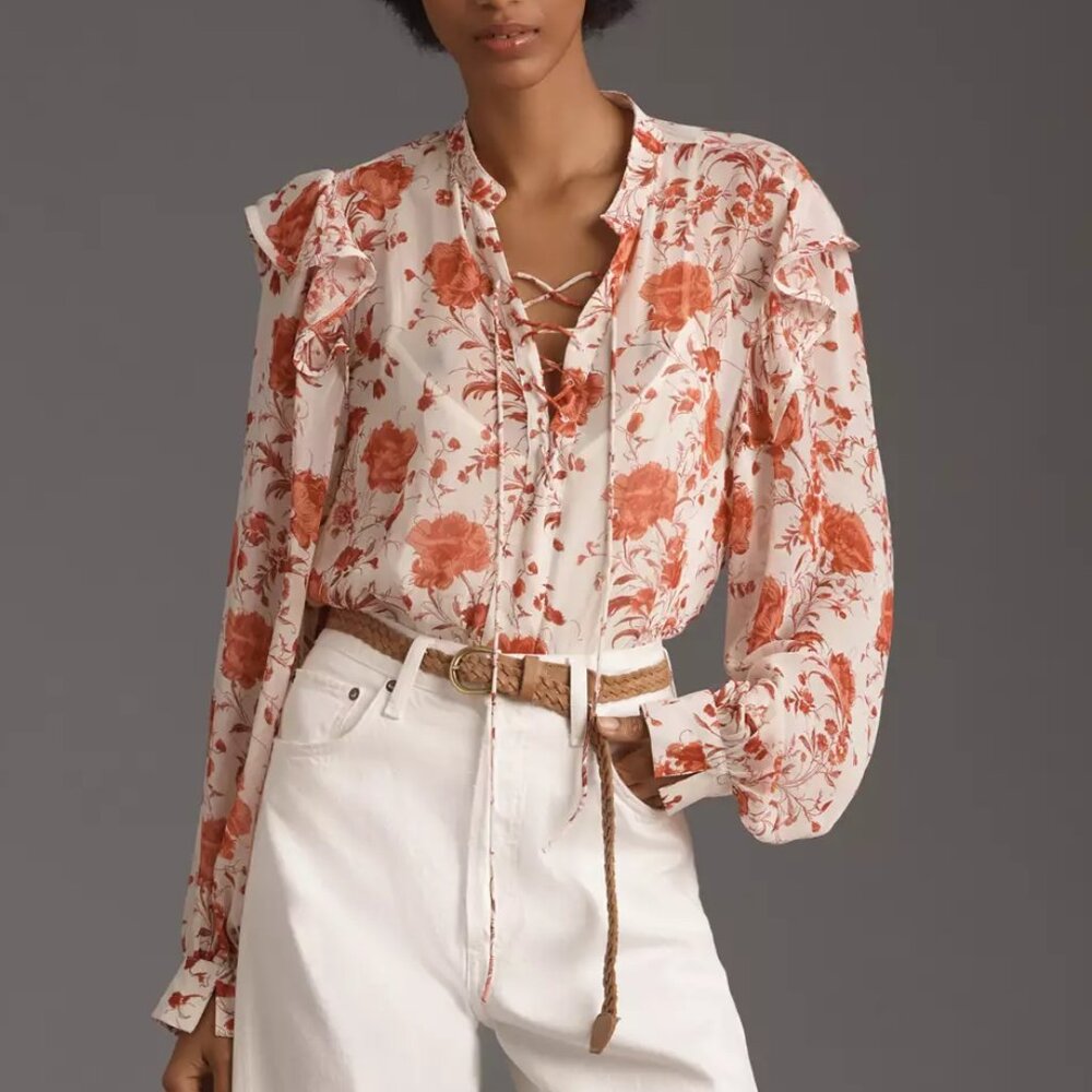 Anthropologie Maeve Long-Sleeve Ruffled Sheer Blouse Red M